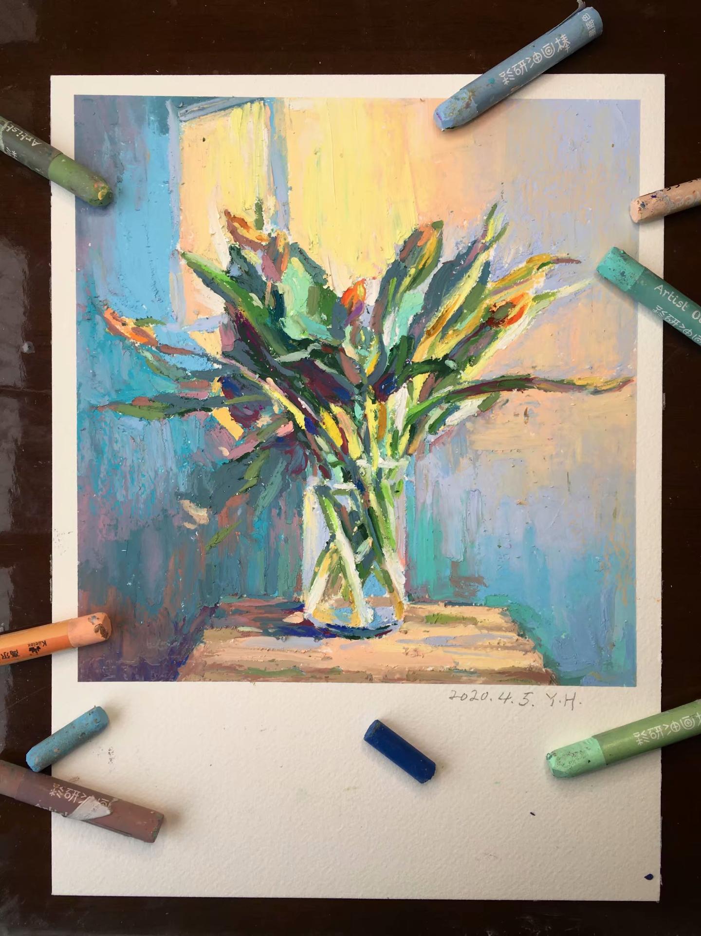 油画棒教程手绘写生静物作品玻璃瓶里的花卉