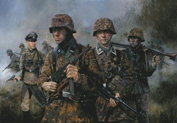 油画:身着迷彩服的纳粹德国党卫军士兵