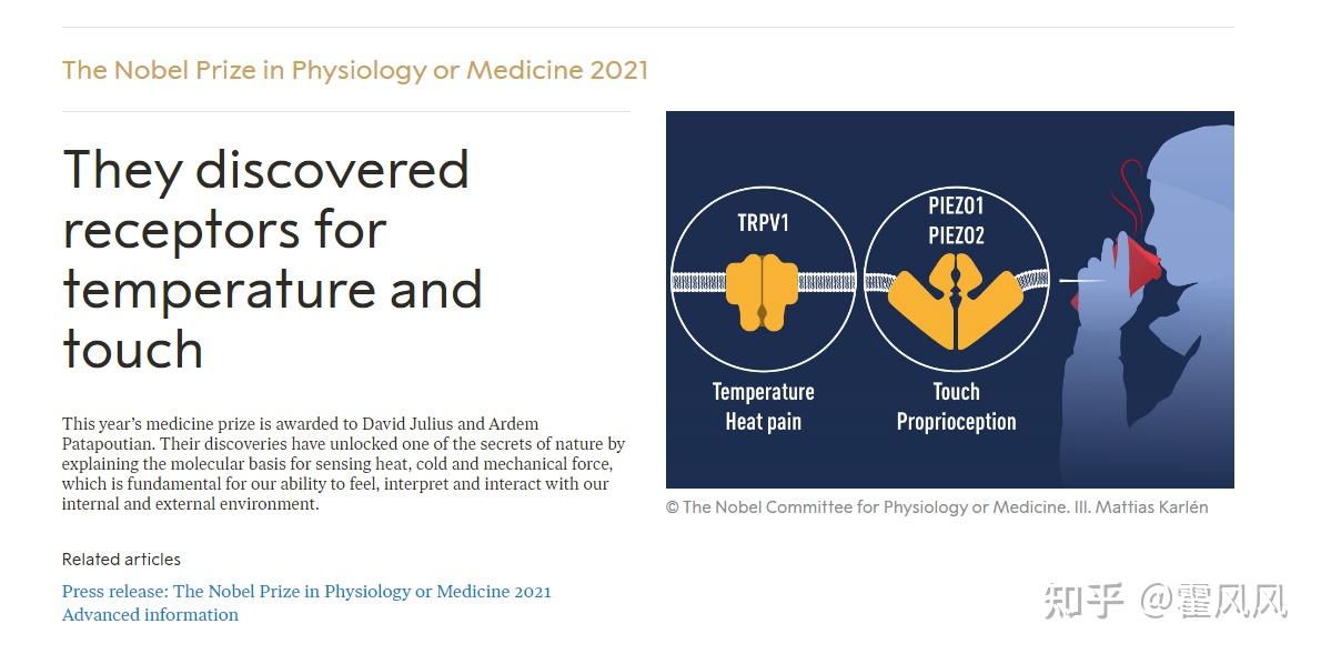 2021年诺贝尔生理学或医学奖授予温度和触觉受体的发现者如何通俗地