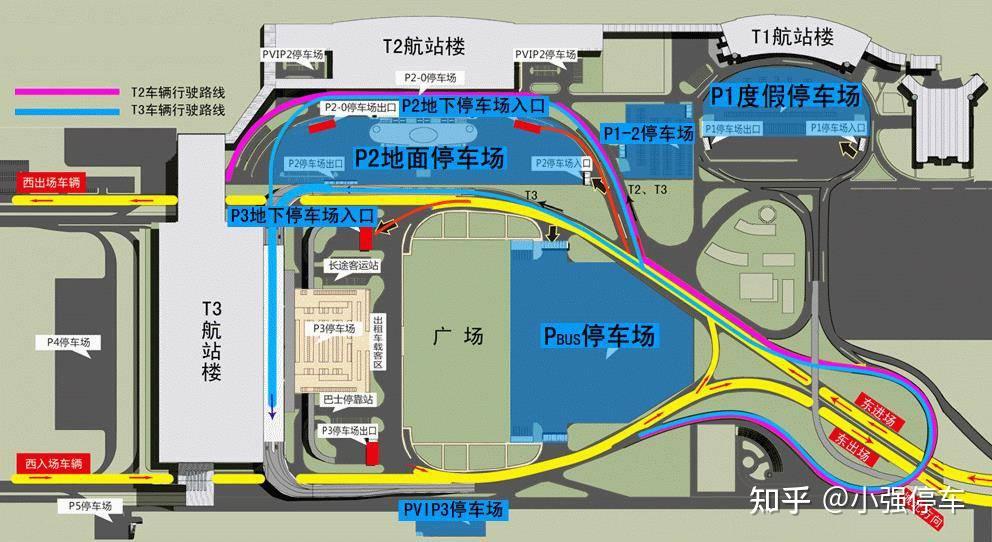 t2航站楼:有p23大型室外停车场1个(车位2591个),贵宾停车场1个(车位73