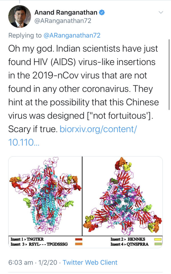 辟谣: 印度学者指武汉肺炎病毒是人工产物?