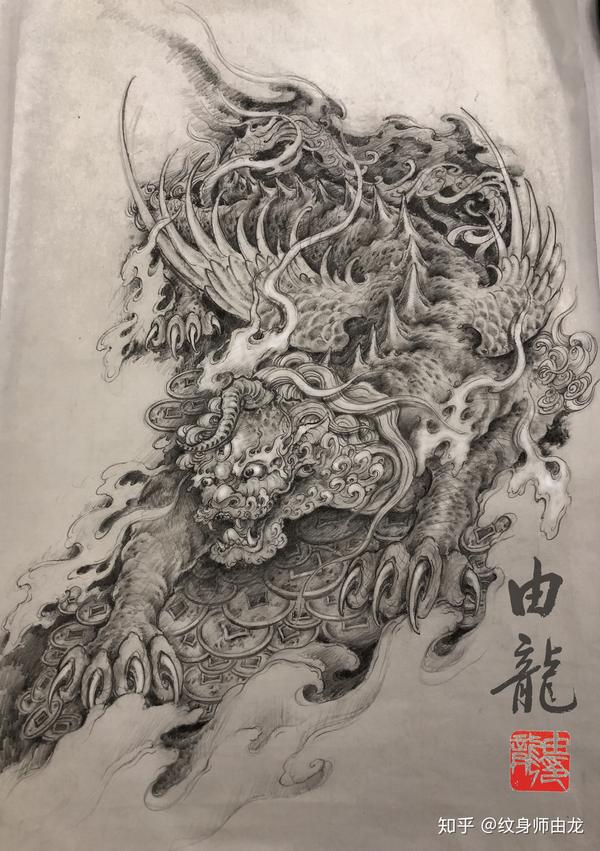 上海由龙纹身满背貔貅纹身图案设计稿