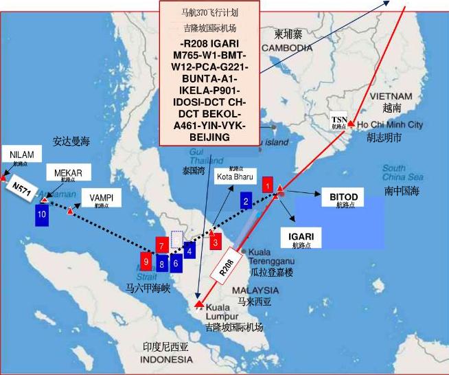 如图所示:红色路线会马航 370 计划飞行路线,黑色虚线为其改道后的