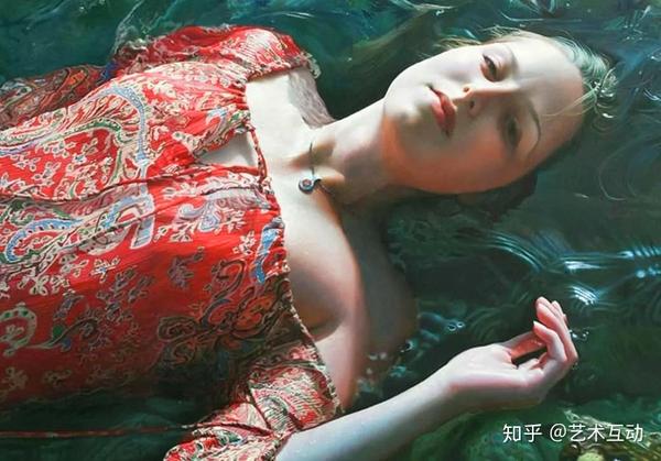 油画水中少女