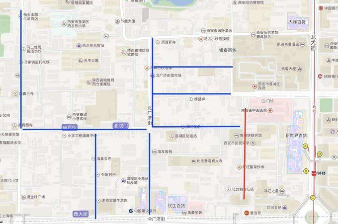 地图本地人会去的回民街的是北广济街和大学习巷,大麦市街,洒金桥等等