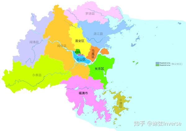 福州市县级行政区划图;连江县马祖乡与长乐区白犬列岛由台湾当局实控
