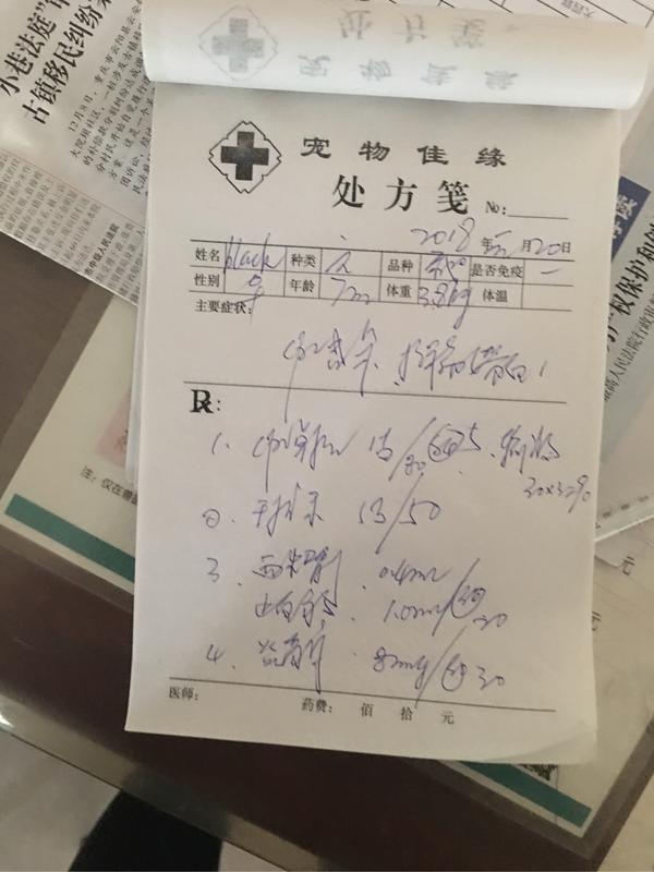 下图为病毒测试卡和血清化验 下图为医生开的处方          细小不难