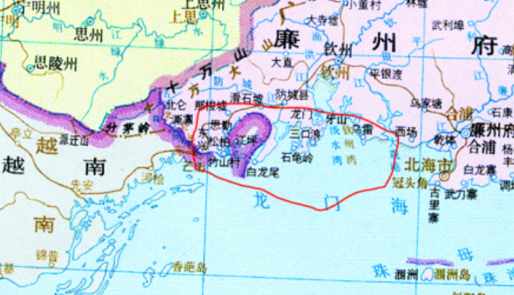 谭版中国历史地图集中明清时期广东省廉州府今属广西西南部的那一片