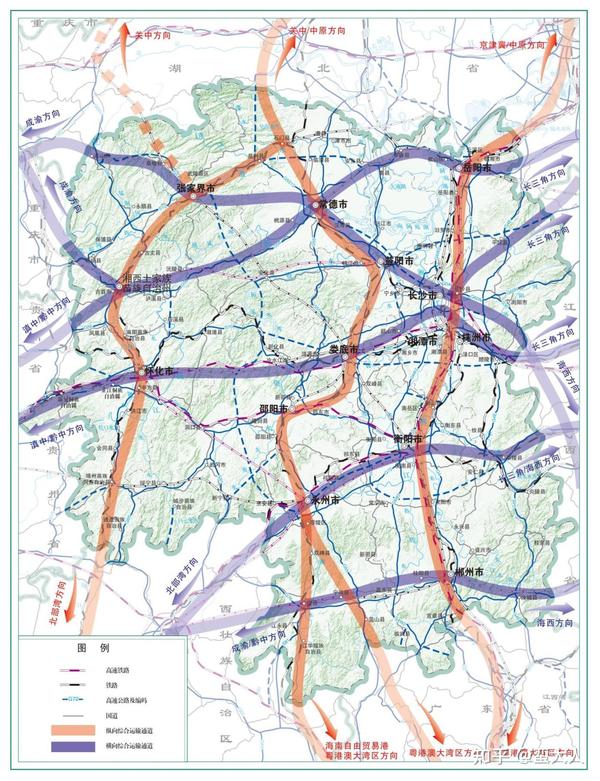 湖南省"三纵五横"综合交通运输大通道示意图