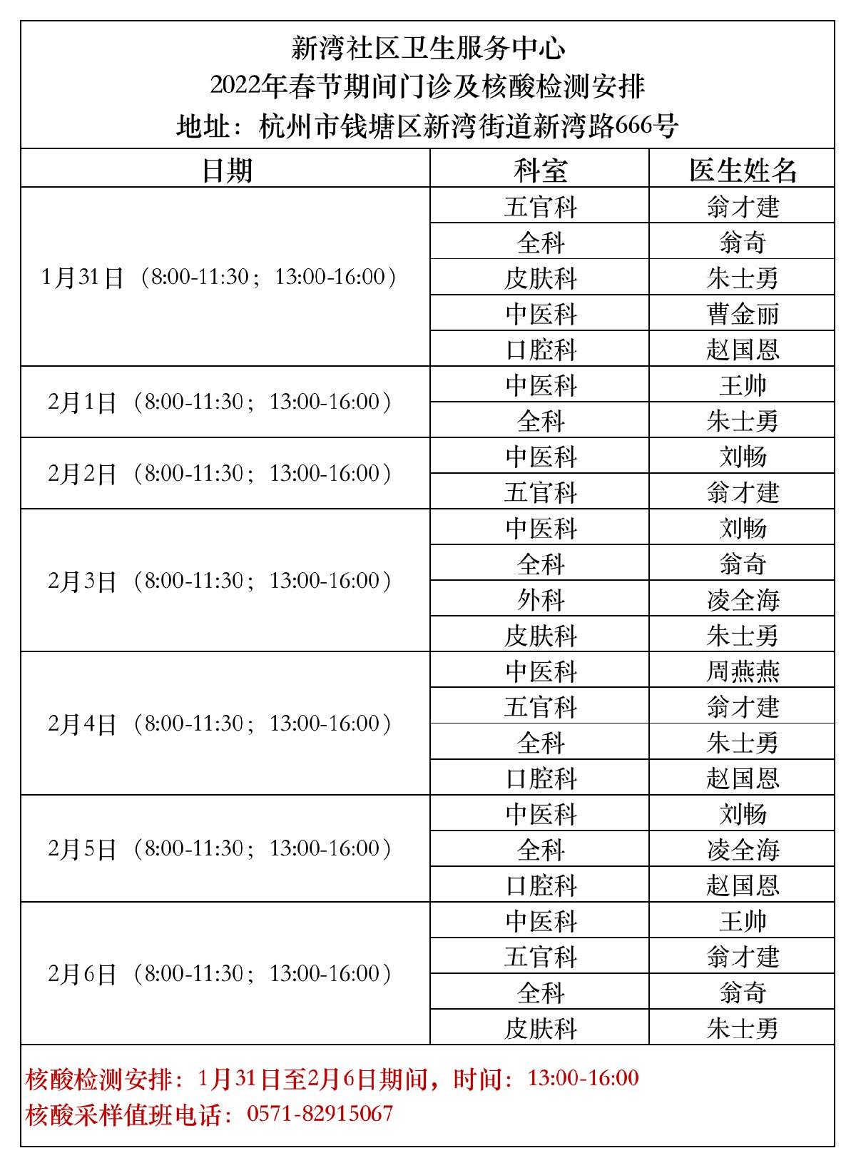 2022春节期间钱塘区社卫中心核酸检测采样安排地址时间