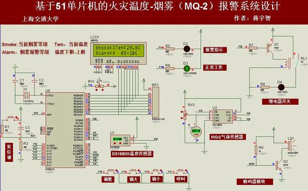 mq-2和ds18b20的火灾温度-烟雾报警器设计,51单片机,仿真,c代码,原理