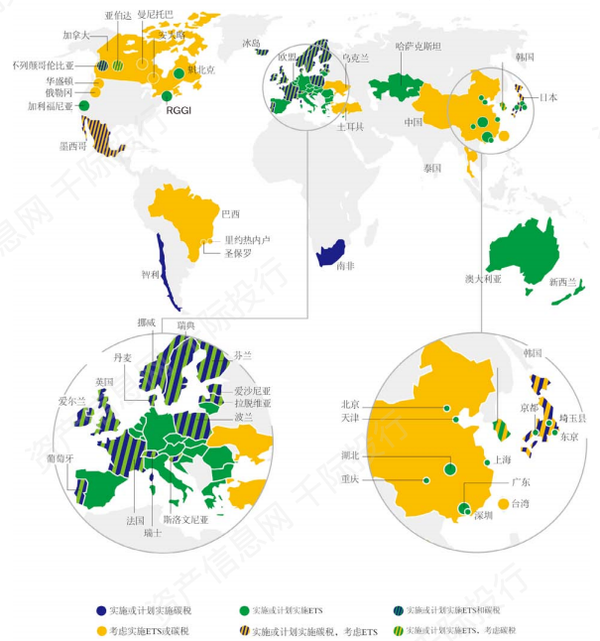 全球目前主要的碳定价区(ets:碳交易体系)