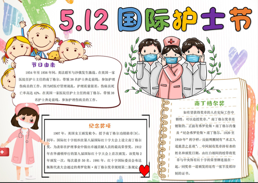 5月12日国际护士节手抄报白色清新插画风护士节节日由来小报模板下载