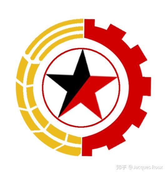 人共联国徽,由齿轮麦穗环绕一颗红黑星组成