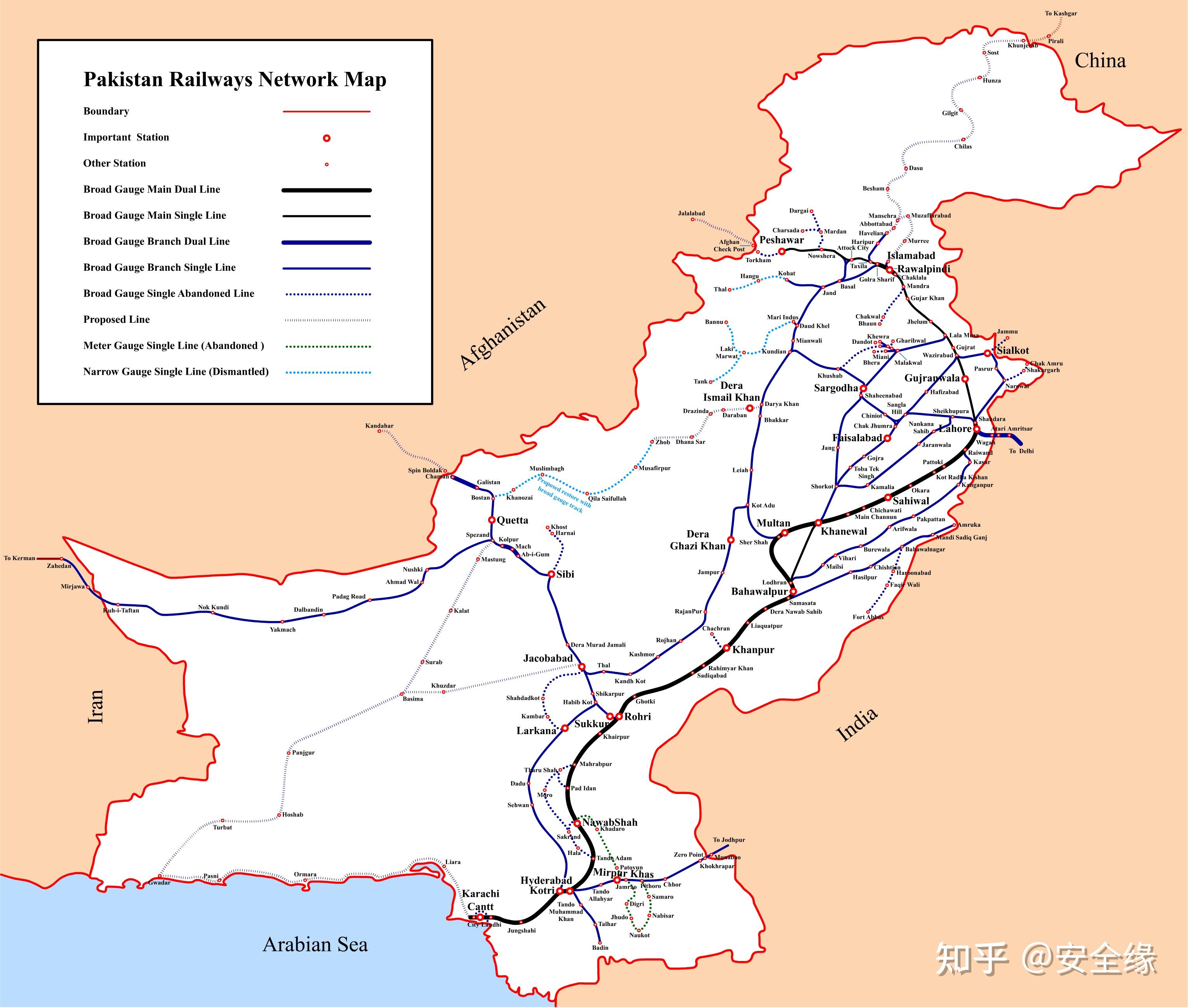 巴基斯坦 铁路线路图巴基斯坦1号铁路干线(ml1)从卡拉奇向北经拉合尔
