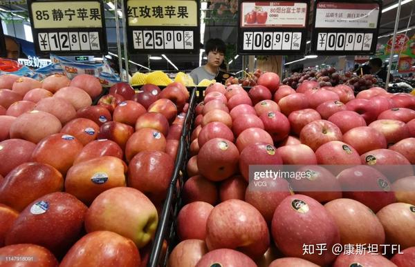 位于中国邯郸的一个超市水果货架上各类苹果的价格/getty image