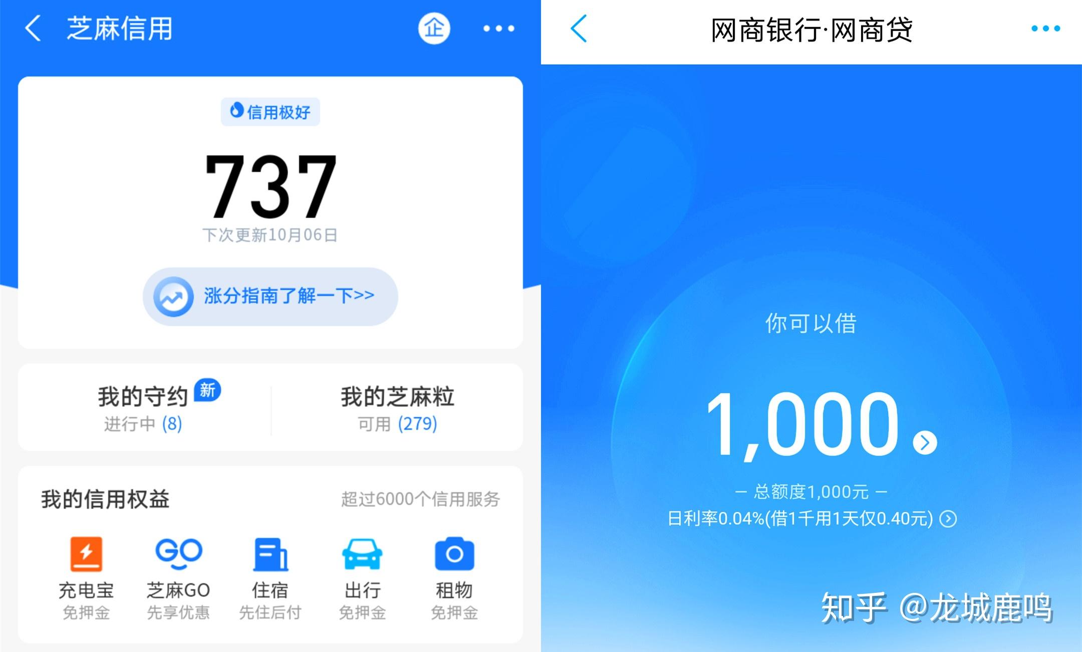 如下图,支付宝芝麻分737分,网商贷额度1000元,在15,16年的时候有9000