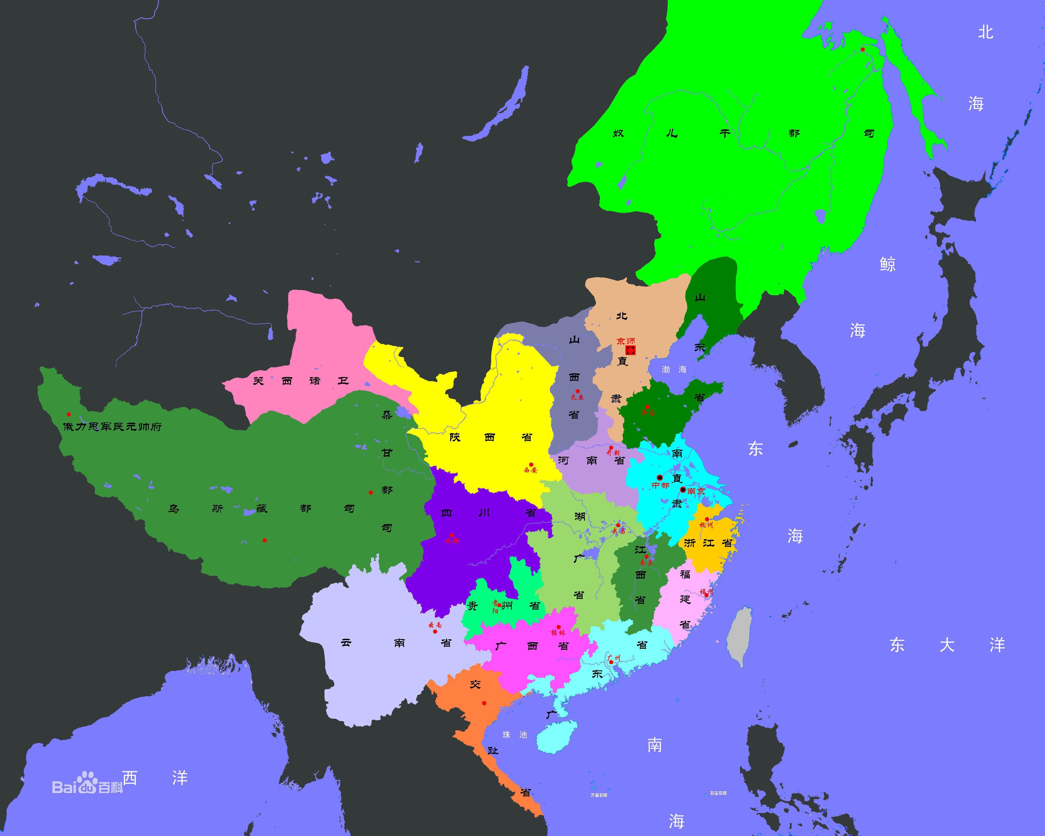 明代行政区划图,辽东地区归属山东省管辖