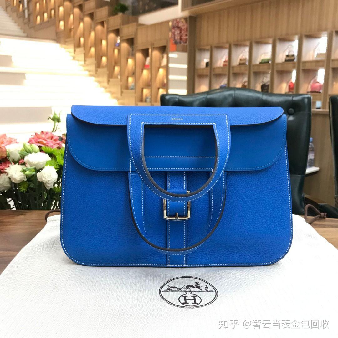 品hermes/爱马仕 halzan31 x刻 坦桑尼亚蓝 togo皮 银扣女士肩背包