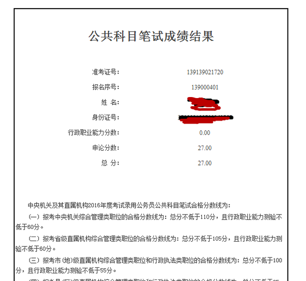 图片是15年国考成绩 单,仅考了作文.省部级作文35分,楼主得了27分.