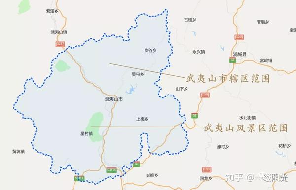 蓝色为武夷山市辖区范围,绿色为武夷山国家重点风景名胜区范围,而三坑