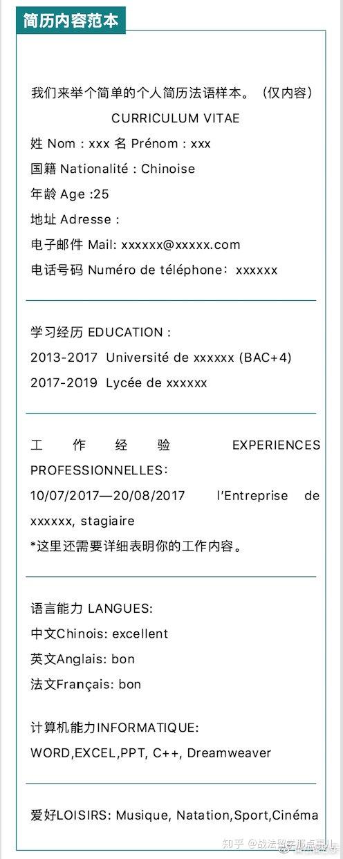 关键看你怎么填充内容啦～ 那我们就来看下法语版的个人简历的内容