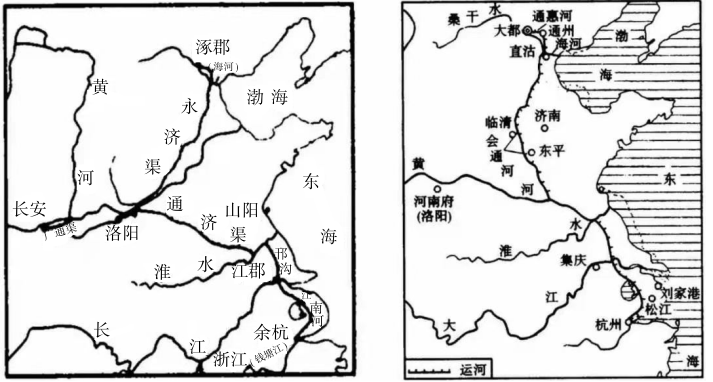 27.以下为隋朝大运河和元朝大运河图.c.