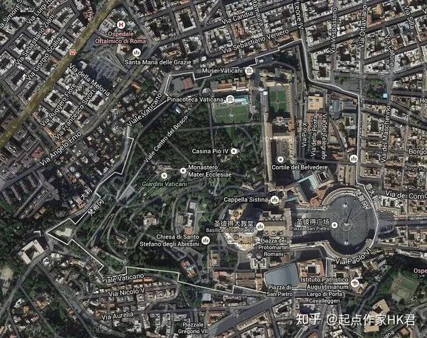 梵蒂冈卫星图,白色线为国界   楼上楼下俩邻居,隔河相望2公里 ,都在