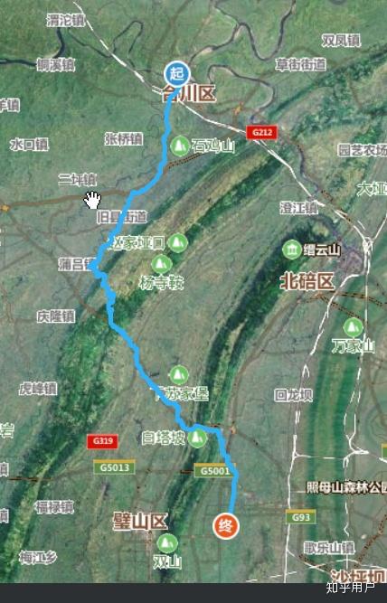 合川--铜梁区--蒲吕镇--青木关--大学城,65km左右.