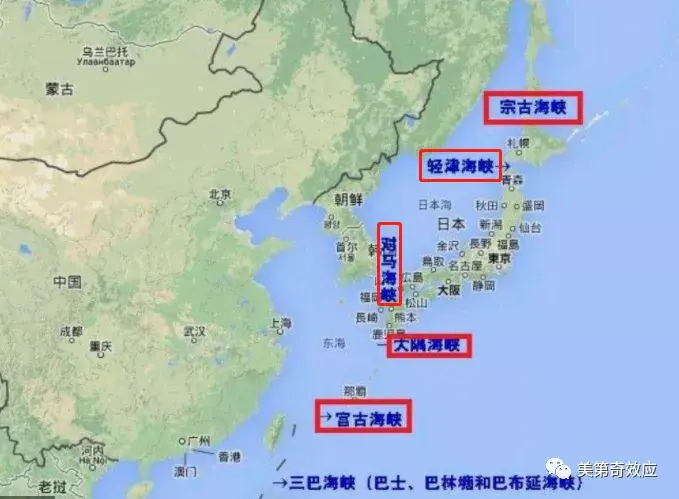 这五个海峡分别是宗谷海峡(北海道和萨哈林岛之间的海峡),对马海峡东