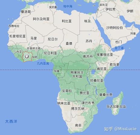 西非国家科特迪瓦在非洲的位置示意 google maps