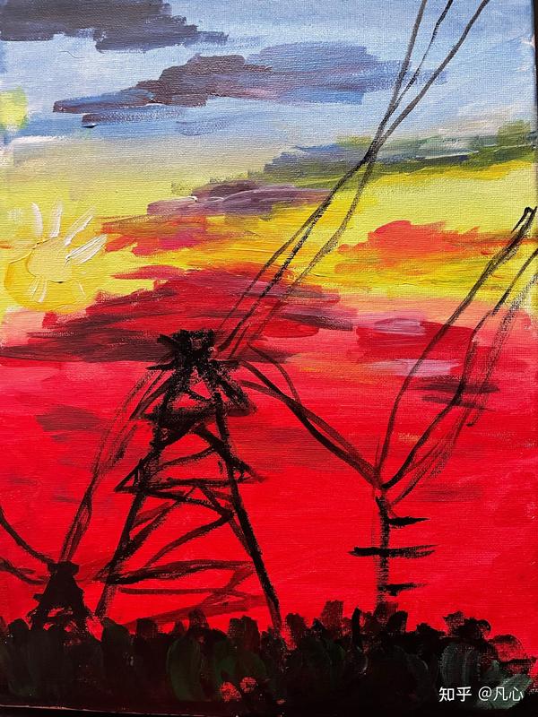 夕阳西下,矗立着高大的电力铁塔.初识油画,望能坚持,有所成就.