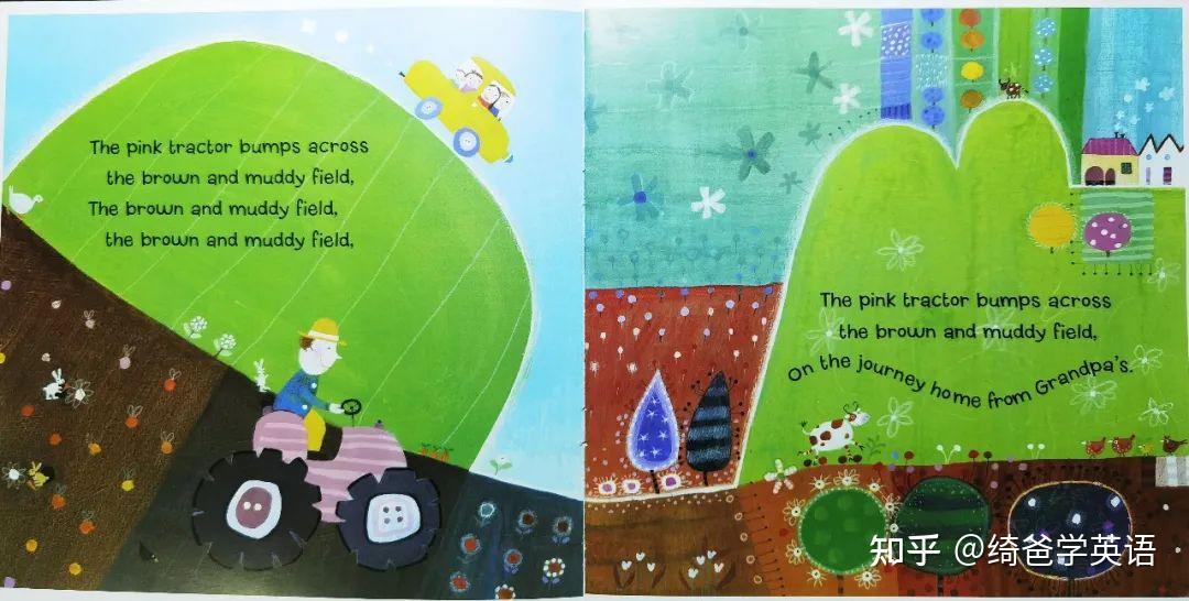 the pink tractor bumps across the brown and muddy field,粉色的