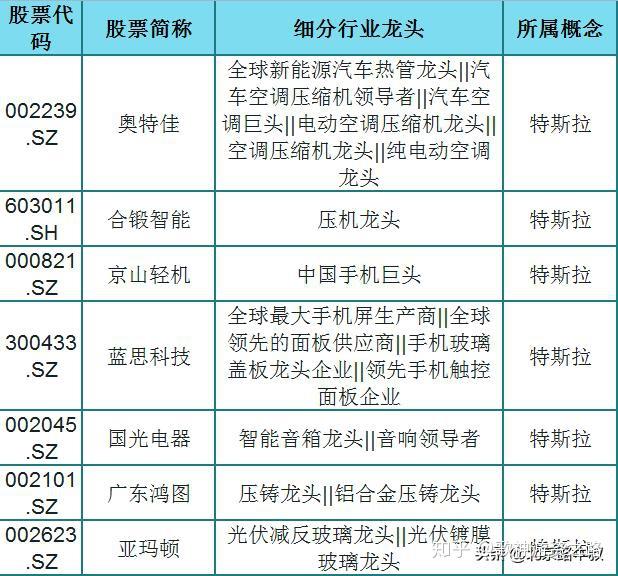 a股101只特斯拉细分行业龙头一览资金活跃股民好稳的龙头