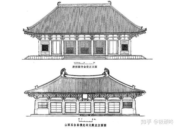 我们再拿中国现存最大的唐代建筑五台山佛光寺东大殿跟唐招提