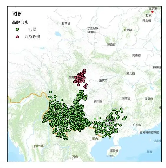 红旗连锁和一心堂是特别具有地域特色的两个品牌,分别起源于四川和