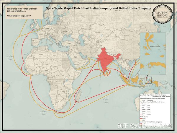 英荷殖民地分布与贸易路线 红色:英属东印度公司贸易路线及殖民地