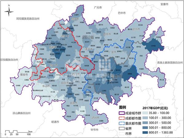2017年成渝地区双城经济圈各区县gdp空间分布