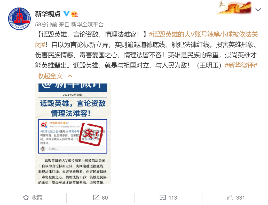 如何看待网民辣笔小球因诋毁戍边英雄被刑拘