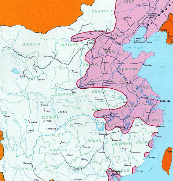 上图是1940年的抗战形势,红色为日占区.