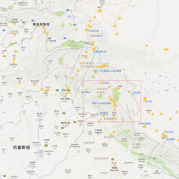 地图上穿过班公错的实线为中印实际控制线,蓝色框为巴基斯坦一侧的