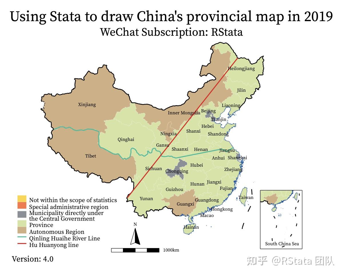 使用stata绘制中国省级地图比例尺指北针秦岭淮河线胡焕庸线海岸线未