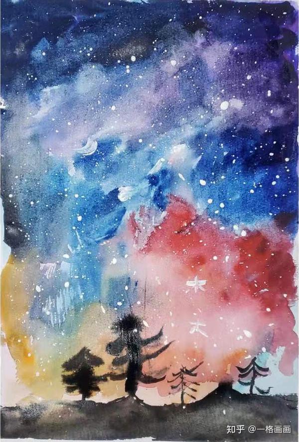 一格画画少儿美术教育学院麻晟琪小学员水彩绘画作品《星空》,5岁