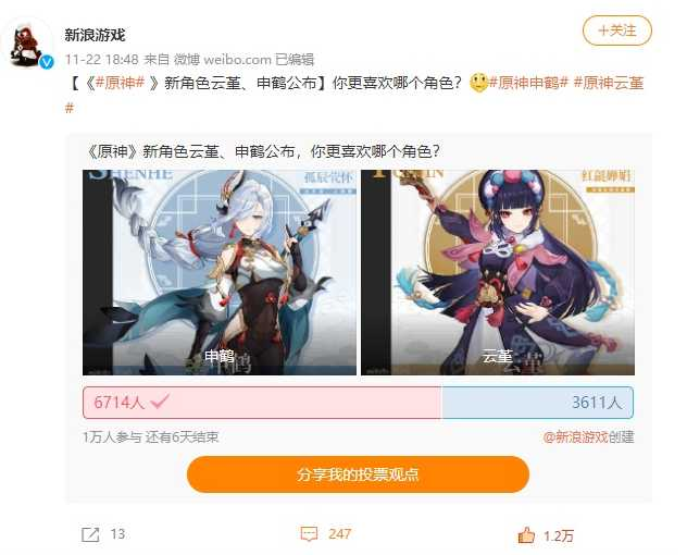 原神新角色投票申鹤票数约为云堇的两倍nga也有很多人支持申鹤这是否