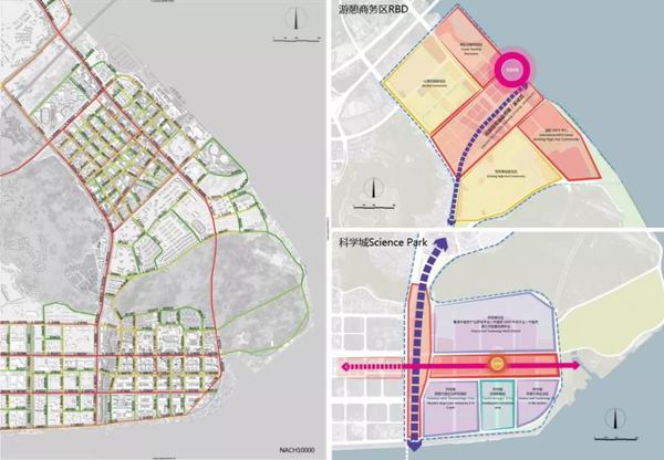 图5. 南沙湾3000m片区级空间结构(左)及南沙湾整体空间结构方案(右)