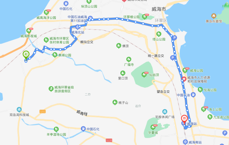 山东威海火车北站48路公交车路线:06:00-18:30:黄家皂→西海湾花园