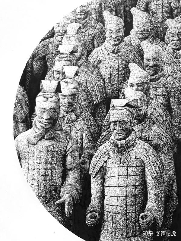 谭伯虎钢笔画作品秦俑