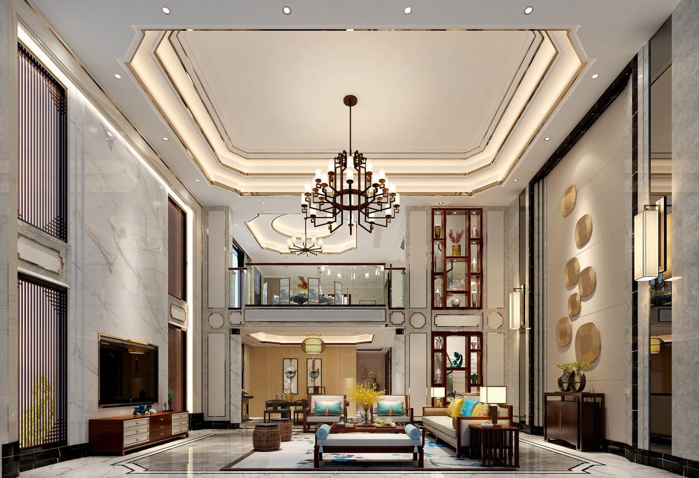 名雕装饰丨550平新中式别墅设计,挑空客厅设计感十足,大气庄重 知乎