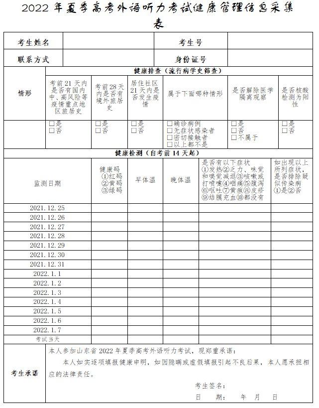 山东省2022年夏季高考外语听力考试健康管理信息采集表下载入口