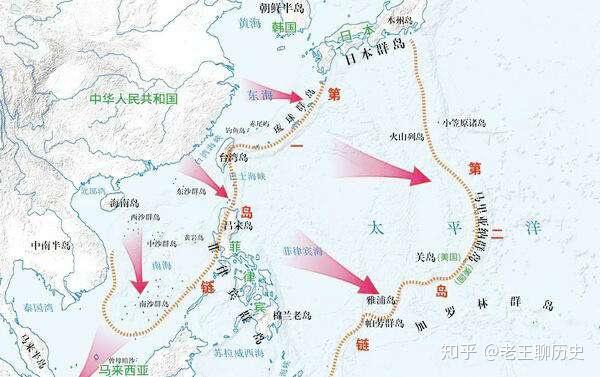 第一岛链从北起日本群岛丶琉球群岛,中接台湾岛,南至菲律宾丶大巽他